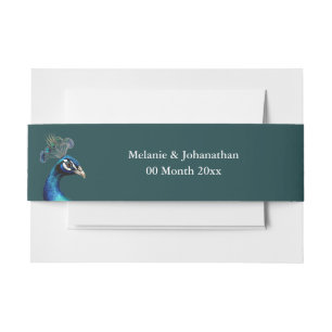Peacock head dark teal blue garden outdoor wedding invitation belly band
