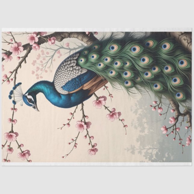 Peacock in a Cherry Blossom Tree Decoupage Tissue Paper (Front)