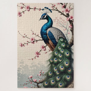 Peacock in a Cherry Blossom Tree Jigsaw Puzzle