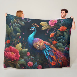 Peacock In a Colourful Rose Garden Fleece Blanket