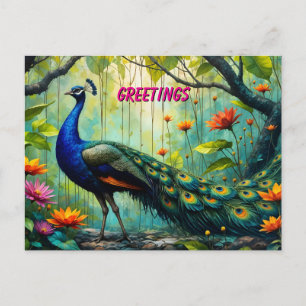 Peacock in a Floral Jungle Puzzle Postcard