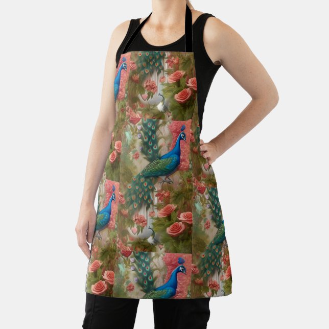 Peacock in Apricot Rose Garden  Apron (Insitu)