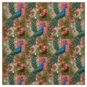 Peacock in Apricot Rose Garden Fabric