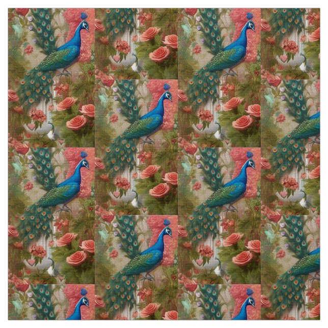 Peacock in Apricot Rose Garden Fabric (Swatch)