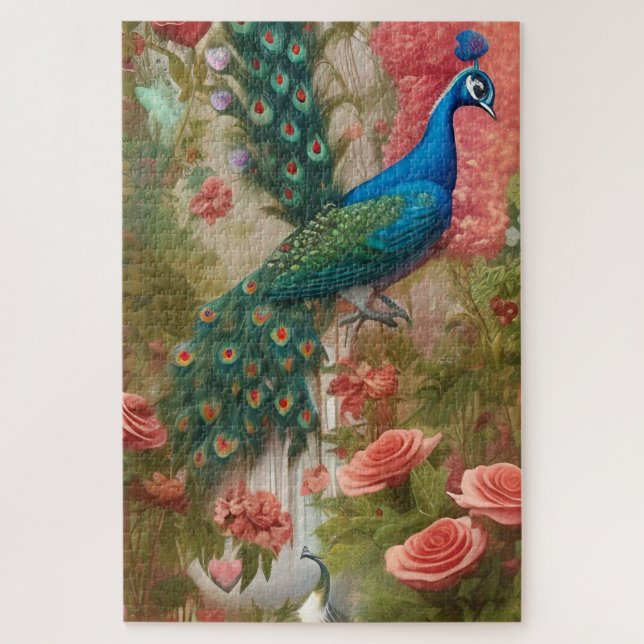 Peacock in Apricot Rose Garden  Jigsaw Puzzle (Vertical)