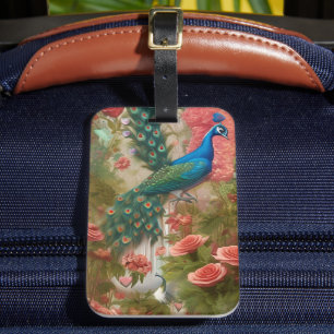 Peacock in Apricot Rose Garden Luggage Tag