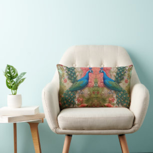 Peacock in Apricot Rose Garden   Lumbar Cushion