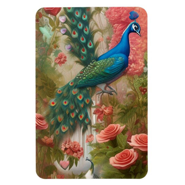 Peacock in Apricot Rose Garden Magnet (Vertical)