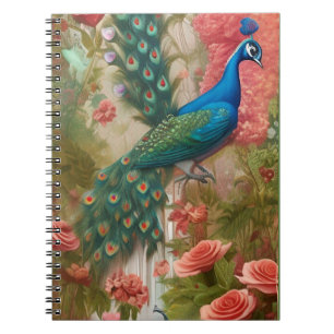 Peacock in Apricot Rose Garden Notebook