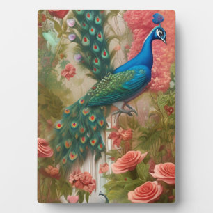 Peacock in Apricot Rose Garden Plaque