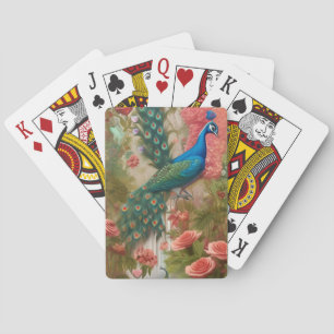 Peacock in Apricot Rose Garden Playing Cards