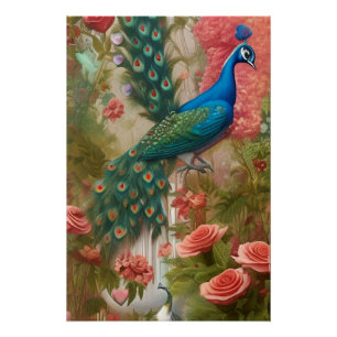 Peacock in Apricot Rose Garden Poster