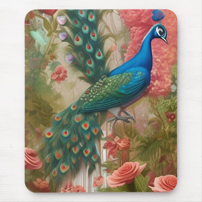 Peacock in Apricot Rose Garden  Poster Mouse Pad (Front)