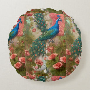 Peacock in Apricot Rose Garden Round Cushion