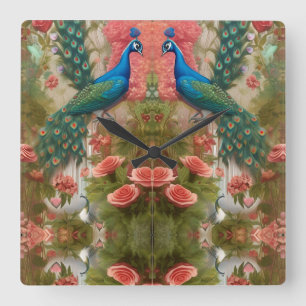 Peacock in Apricot Rose Garden  Square Wall Clock