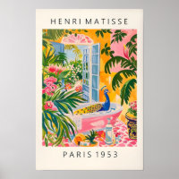 Peacock In Bathtub Art Print, Pink Maximalist Deco