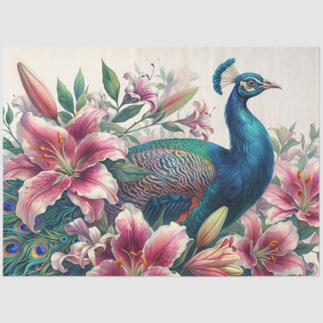 Peacock in Bloom – Watercolor Lilies & Plumage Tissue Paper (Front)