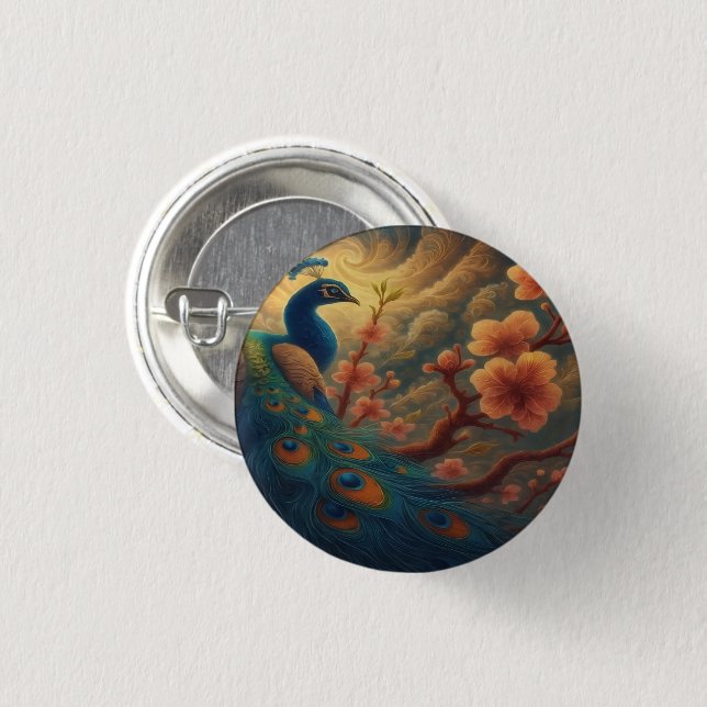 Peacock in Blossom Button (Front & Back)