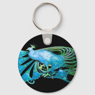 PEACOCK IN BLUE TURQUASE  AND BLACK KEY RING
