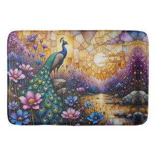 Peacock in Floral Landscape Bath Mat