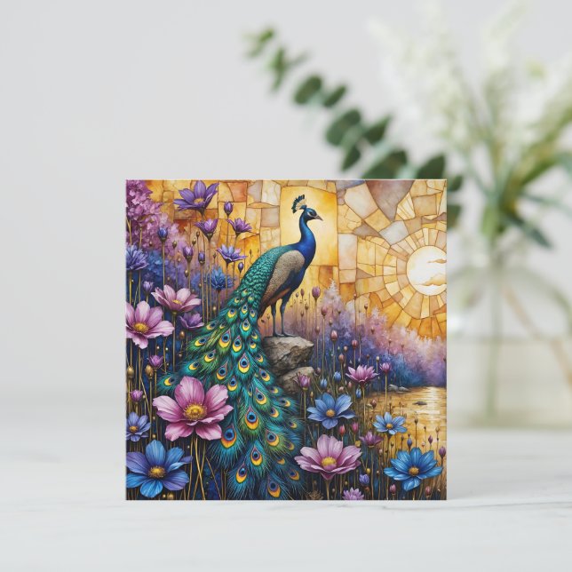 Peacock in Floral Landscape, *Blank -customize* Card (Standing Front)