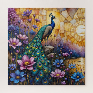 Peacock in Floral Landscape Jigsaw Puzzle