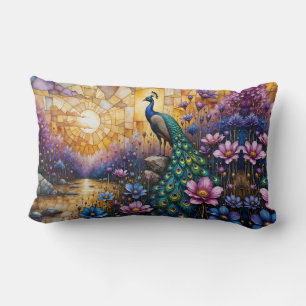 Peacock in Floral Landscape Lumbar Cushion
