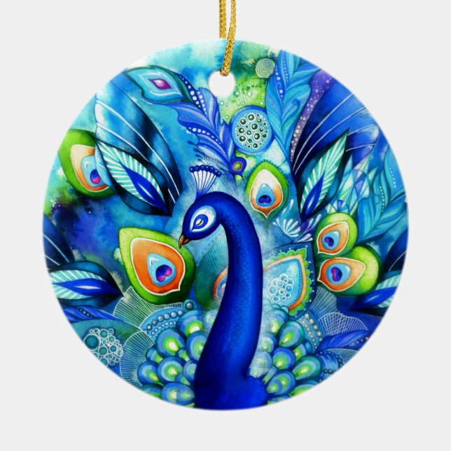 Peacock in Full Bloom Ceramic Tree Decoration (Front)