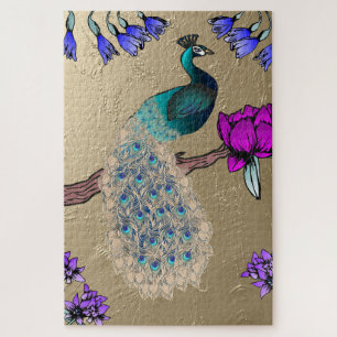 Peacock In Gold Jigsaw Puzzle