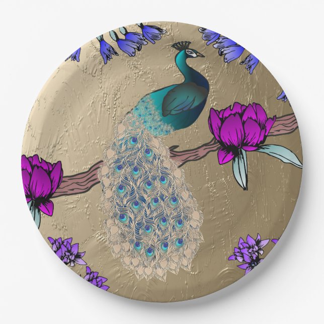 Peacock In Gold  Paper Plate (Front)