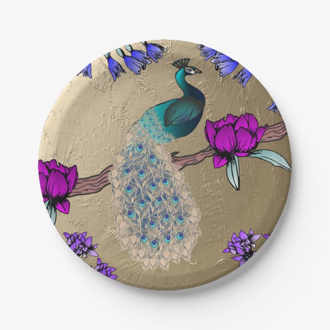 Peacock In Gold  Paper Plate (Front)