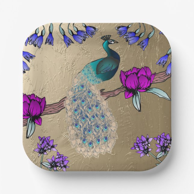 Peacock In Gold  Paper Plate (Front)