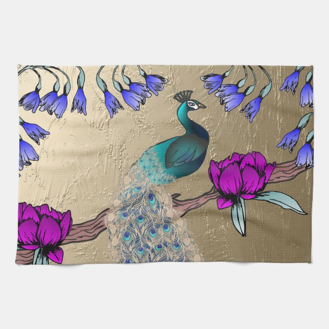 Peacock In Gold Tea Towel (Horizontal)