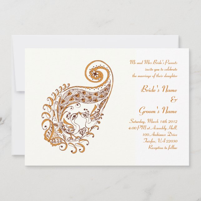 Peacock in Paisley Henna Art Invitation (Front)