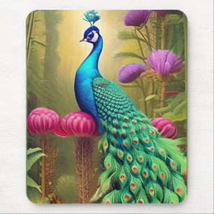 Peacock in Pink Garden Forest Mouse Pad