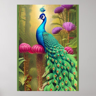 Peacock in Pink Garden Forest Poster
