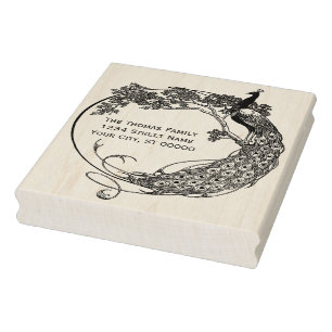 Peacock In Round Frame Art Nouveau Name Address Rubber Stamp