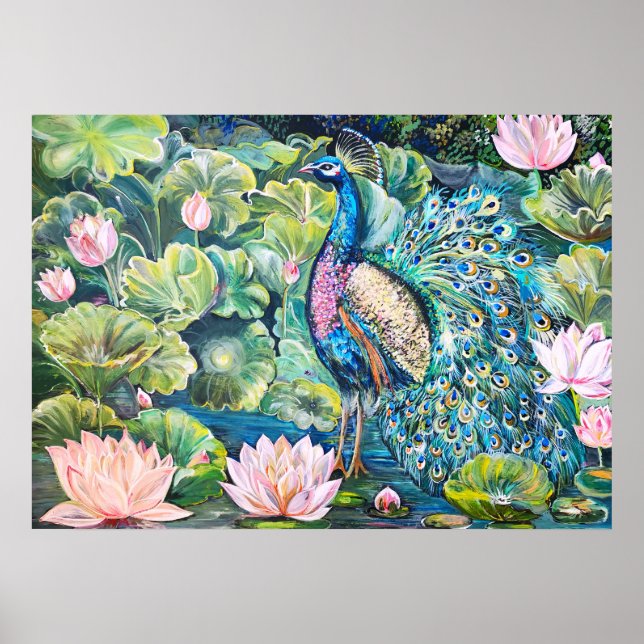Peacock in the Pink Lotus pond Poster (Front)