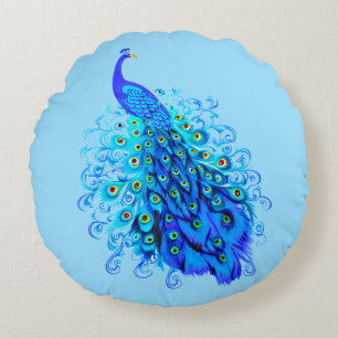 Peacock in Turquoise, Cobalt Blue and Aqua Round Cushion