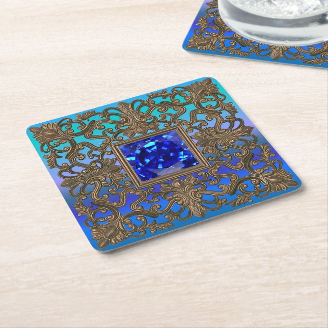 Peacock Jewel Square Paper Coaster (Angled)