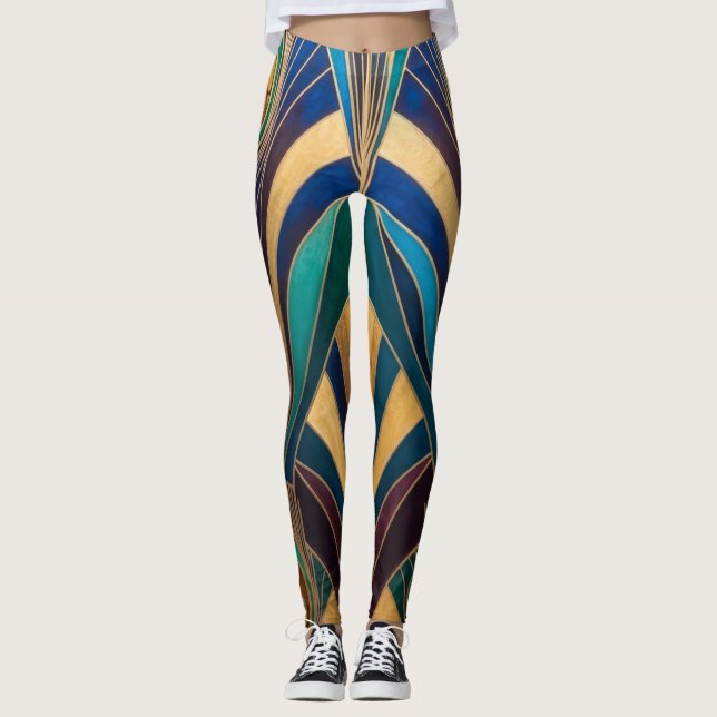 Peacock Jewel Tone Art Deco Feather Leggings (Front)
