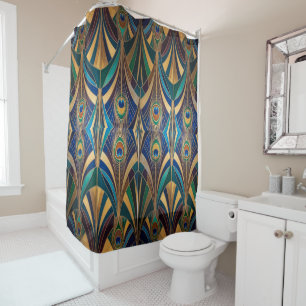 Peacock Jewel Tone Art Deco Feather Shower Curtain