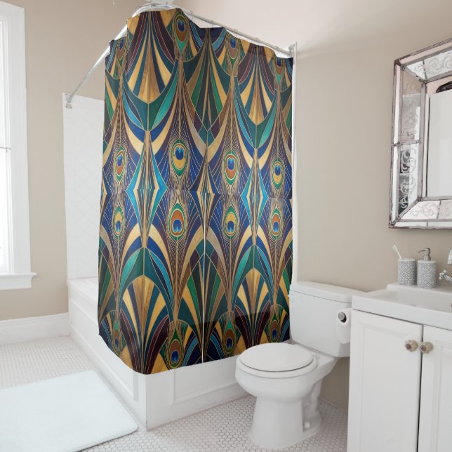 Peacock Jewel Tone Art Deco Feather Shower Curtain (In Situ)