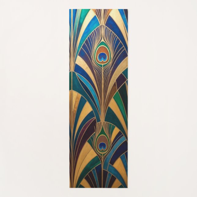 Peacock Jewel Tone Art Deco Feather Yoga Mat (Front)