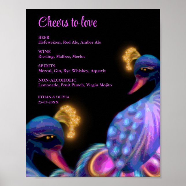 Peacock Jewel Tones Wedding drinks menu sign (Front)