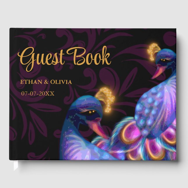 Peacock Jewel Tones Wedding Floral Moody purple Guest Book (Front)