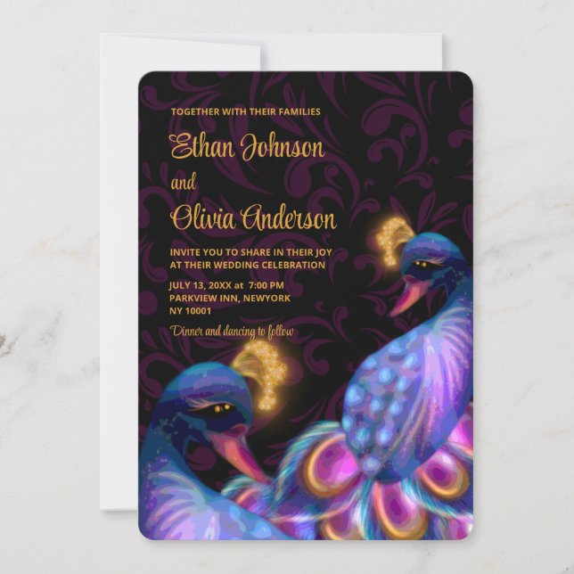 Peacock Jewel Tones Wedding Floral Moody purple Invitation (Front)