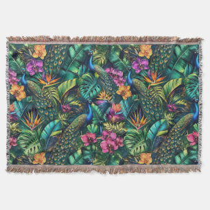 Peacock Jungle Dreams Seamless Surface Pattern Throw Blanket