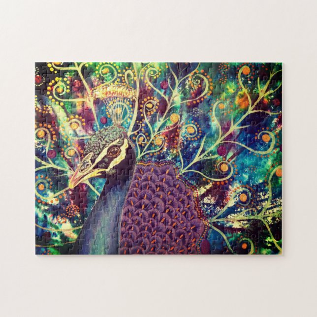 Peacock kaleidoscope colourful boho artistic jigsaw puzzle (Horizontal)