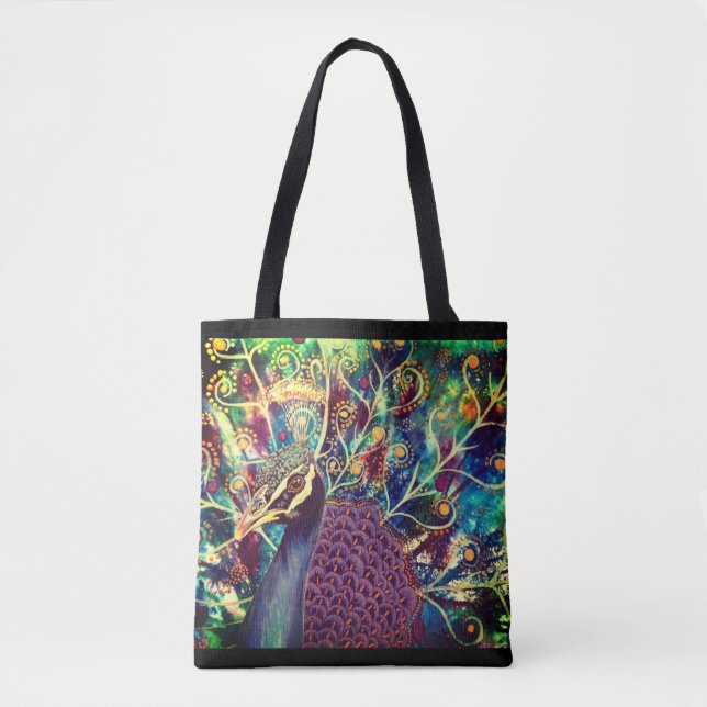 Peacock kaleidoscope colourful boho artistic tote bag (Front)